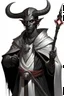 Placeholder: En Young male black skin black hair tiefling Wizard with large horns glowing Silver and White symbols Everywhere on his body. He's wearing silver and White Rope and a silver cloak. His horn a perfectly place on acet from the front to the back pointing upwards with glowing Red cat Eyes holding a quarterstaff. His close is elegant get simple his horns Are Same size