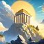 Placeholder: mount olympus from the greek mythology. High up in the mountains. Illustration. Cloudy. Sun behind the temple of ZEUZ.