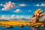 Placeholder: a handsome, muscular man with a well-groomed, bearded face and long, curly hair. He is sitting naked on a rock, surrounded by a picturesque valley adorned with pink and yellow rose flowers. The spring sky above is adorned with breathtakingly beautiful clouds. like oil painting 19th century