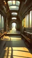 Placeholder: "Create a stunning 3D scene of a train interior with a liminal pathway winding along the isle. The image should capture the essence of an old world, blending realistic mechanical elements with a touch of fantasy.
