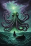 Placeholder: A gigantic octopus-like creature rises from the ocean depths, its tentacles reaching out to the sky. A small boat with a lone figure rows away in terror. The creature's eyes are glowing green, and its skin is a deep purple. The water is dark and murky, and the sky is stormy in oil painting style