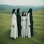 Placeholder: a group of women standing on top of a lush green hillside, inspired by Ren Hang, design milk, long black hair, whites, wanderers traveling from afar, trending on artisation, cloning spell, coat pleats, in twin peaks, submarine, by Helen Thomas Dranga, symetry, round-cropped, noire photo