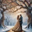 Placeholder: alcholic ink details of a young couple kissing centered under an impressive, frosted remarkable old oak tree, In a beautiful winter landscape , flowy swirls, golden lines, 3D, alcohol ink effects, sprinkle glitter, pearls, beads.very detailed, in the style of atmospheric tonalism. Elegant, intricate, 4k, a gravelled forest path leads through the countryside surrounded by snow-dusted ferns, mosses and tendrils. oi