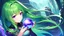 Placeholder: A girl with green hair touches a magical purple stone by the river