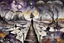 Placeholder: inner world , atypical world, in midle an alone human figure in weird alternative clothes stands on the thin bridge with a big map his hands , weird whimsical landscape, forest, and Sahara water and rocks,, around surreal cracked painted weird land with some black doors. dark purple, gray, black, white, brown. Whimsical style of Chagall , of Minjae Lee and Anton Semenov, lonely with absurd beauty. broken, weird bizarr,e absurd nightmare, neuron network background, surreal vibe