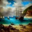 Placeholder: A cerulean bay with pirate ships painted by Claude Monet