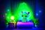 Placeholder: bioluminescent chibi cat fairy in a bedroom in starshine, mist