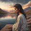 Placeholder: Hyper Realistic Sad Pukhtoon Young-Woman looking at cloudy sunset riverside & mountains at the back