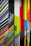 Placeholder: The world of technicolor and black and white divided diagonally by stripes running from the upper left corner to the lower right corner, with the stripes extending from front to back. The color gradient transitions from vibrant colors at the front of the composition to a more subdued gray and warm grey-black at the back, adding depth and dimension to the artwork.