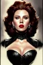 Placeholder: painting of scarlett johansen as evil queen in black leather gown, feminie, angry, stern look on her face, volouptous, busty, cleavage, emperious, mature, highly detailed, digital painting, artstation, concept art, smooth, sharp focus, illustration, art by gaston bussiere and alphonse mucha