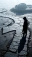 Placeholder: A hooded creature shadow standing on anarrow black stone path above the ground