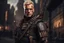 Placeholder: photorealistic portait of henry cavell as mercenary with blonde undercut tribal tattoos wearing modern mercenary uniform fantasy dark cityscape