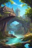 Placeholder: medieval gothic house built into a rock, lake, trees, arches, balconies, bridges, verandas, foliage, sunny blue sky