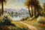 Placeholder: Sunny day, mountains, river, distant house, flowers, trees, claude monet and charles leickert impressionism paintings