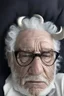 Placeholder: old man with large gray eyes and 2 horns on white hourse