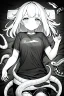 Placeholder: girl in T-shirt lying on the ground and covered with snakes, greyscale