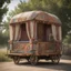 Placeholder: Old fashioned gypsy wagon decorated, curtains fluttering in the wind,