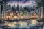 Placeholder: fantasy watercolor painting of a large elf market square in an village at the edge of an ominous dark forest the the shore of a huge lake. Buildings with trees growing out of them. small dock along the lakeshore. At twilight. twinkling stars. Woodland elves.