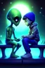 Placeholder: alien and a boy sitting on a bench. alien is howing boy with his alien hand the universe that boy never saw with his human eyes. there are geometric stuff all around and some planet stuff. boy and alien are friends. realistic style, like photography.