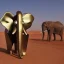 Placeholder: A mechanical metallic elephant looking at a Robotic Bedouin in Sahara by arik roper