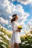 Placeholder: romantic environment heaven flowers clear nice clouds ,young girl gracefully whispering her lovely joy,full body shot,sharp focus, realistic.