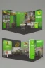 Placeholder: Corner green exhibition stand of a food company with product displays and a meeting area