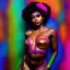 Placeholder: full body shot, masterpiece, best quality, black skinned, adult woman, sparkling eyes, fluorescent skin, colorful makeup, afro, highly detailed body, afrofuturism, scifi, sun light, 4K, RAW, depth of field, high contrast, realistic details, 24mm