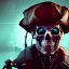 Placeholder: a cyberpunk hacker pirate captain skeleton with a pirate hat sitting in front of a huge old crt monitor in a dark room, only light coming from crt monitor, highly detailed, intricate, digital art, trending on artstation, trending on cgsociety, by greg rutkowski