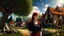 Placeholder: A photorealistic image of a red-haired, slender woman standing in a village green, surrounded by many thatched cottages, next to a large tree. Sunny day.