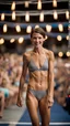 Placeholder: anorexic beautiful woman, age 28, total shot, silvergrey triathlon swimsuit, medium long wavy bob haircut, brunette hair, blurred party crowd in background