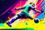 Placeholder: Oil painting, football match, the striker is kicking a goal, the ball is flying, bright but not neon colours, dynamic lines, dynamic blobs, spots, lines in the background of the character, like a colour explosion