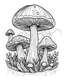 Placeholder: mushroom world minimalistic landscape. line art, background, vector, svg, coloring book page style, black outline on white background