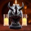 Placeholder: bust of rhino, ancient, magic,on dark wooden table with drinking glass,compass,brilliance, candle