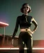 Placeholder: retro sci-fi portrait image from 1960, supermarket parking explosion, young Scarlett Johansson, classic black tight lycra latex suit, gold bracelet and belt, soft color, highly detailed, unreal engine 5, ray tracing, RTX, lumen lighting, ultra detail, volumetric lighting, 3d, finely drawn, high definition, high resolution.