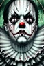 Placeholder: ultra detailed and highly realistic image of a gothic, scary clown, close up of him standing in the rain, the rain messed up his face makeup as it smudged of his face, chaotic, dramatic upclose view, 32k, splatter paint style