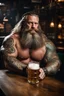 Placeholder: full body shot photography of a burly tired muscular beefy stocky viking tattoed 48 years old, lying down relaxing on a table full of glasses of beer, in irish pub, manly chest, shirtless, hairy torso, dressed wth traditional dress,, long hair, long beard, emotive eyes, big shoulders, ambient occlusions, photorealistic , aerial view