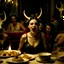 Placeholder: Movie shot, spooky, ultra realistic distress, horns macabre ritual dining, mask, ultra realistic hot woman, pieces of meat silver organic dynamic anguish, excited and lively scene, hot women, hypermaximalist figures, creepy, Alfred Hitchcock, Sam Raimi, insanely detailed, sinister, ornate