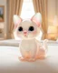 Placeholder: A macro 3D render of a cute, small cat character made entirely of translucent, glossy, jelly material. The cat is sitting on conform in a luxury bedroom ,subsurface scattering and gelatinous texture of the cat body. High-quality CGI, octane render, 8k resolution, whimsical, adorable, clean composition.