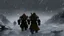 Placeholder: 3 Warriors in blizzard, from behind, comic style