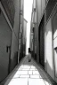 Placeholder: girl in an alley, wide angle view, greyscale