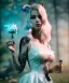 Placeholder: Ultra realistic wonderland photo, happy blonde Alice smoking a pipe, blue dress, white rabbit pet, circus dress style, old school tattoo, smoke, marijuana garden, glow eyes, perfect iris, soft color, highly detailed, unreal engine 5, ray tracing, RTX, lumen lighting, ultra detail, volumetric lighting, high definition.