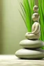 Placeholder: delicate background with spa stones and bamboo stem, in the background there is a flexible female figure statue, photorealistic photo