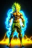 Placeholder: realistic 3d rendering of goku super saiyan fused aquaman, surrounded by lightning, big muscular, full body photography, hyperrealistic