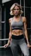 Placeholder: photography of a beautiful anorexic woman, grey satin sports bra, sports illustrated, blond short wavy bob haircut, pronounced sternum, grey running leggins