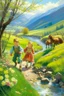 Placeholder: Spring in skåbu, sun, close up portrait of cute children walking in mountains by stream, horse caterpillar, prize winning oil painting,book cover illustration