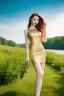 Placeholder: full shot body of very beautiful Woman with pale skin makeup , green eyes, long auburn hair, and high fashion sexy model gold dark lace dress , nice sport shoes. country side ,river ,country houses ,sharp focus