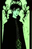 Placeholder: 17 year old boy, necromancer, friendly, looks dead, surrounded by weird smoke with eyes, wearing black robes, in the style of Harry Clarke