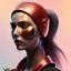 Placeholder: woman, rounded face, red, round grunge helmet, decorative color feathers, retro futuristic, latex coat, vibrant color, highly detailed, art stations, concept art, smooth, unreal engine 5, god rays, ray tracing, RTX, lumen lighting, ultra detail, volumetric lighting, 3d, finely drawn, high definition, high resolution.