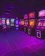 Placeholder: A dark photo of the corners of an 80's aesthetics arcade at night, with a lot of functioning arcade machines, a vaporwave floor and some colorful tiles in between the floor. Purple aesthetics. There are some pizza boxes over some of the arcade machines