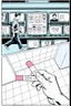 Placeholder: uncolored comic book page: top panel(ban walking past a display of televisions on which a bulletin of wanted criminals mugshots appears), bottom panel(pov a woman's hand holding a pregnancy test that shows a positive result, tile floor below), panels divided at an angle